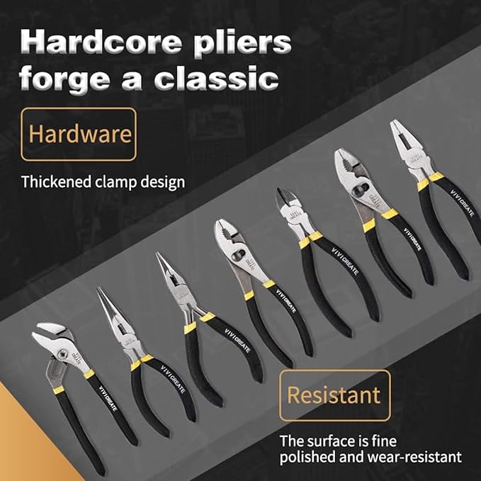 Vivicreate 7 Piece Pliers Set Heavy Duty Hand Tool Set with 8 Inch Groove Joint 8 Inch and 6 Inch Slip Joint 7 Inch Linesman 6 Inch Diagonal and Long Nose Pliers for Home Garage DIY Repair