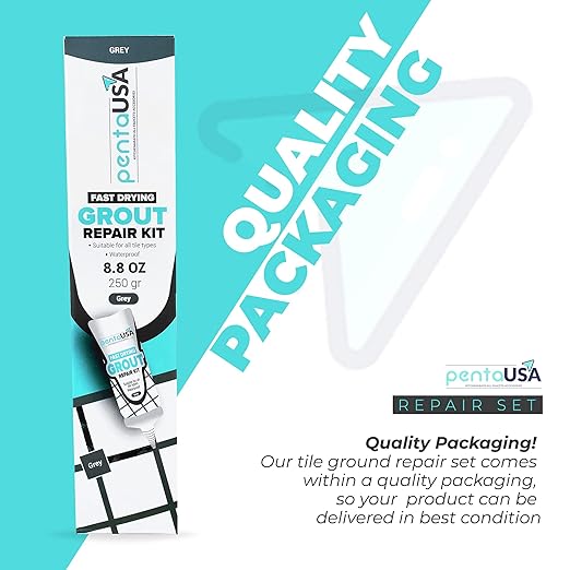 PentaUSA Tile Grout Repair Kit - Premixed Acrylic Sanded Grout for Bathroom, Shower & Kitchen, Water-Resistant Tube with Applicator, Fills Cracks and Gaps in Lines - Gray (8.8oz/250gr)