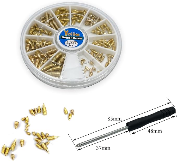 120 pcs Nickel Plated Tip Screws Pointed Cross Slot Leather Accessories 12 Sizes Gold Belt Screws Include M2*3-M2*6, M2.5 * 3-M2.5 * 8, M3*3-M3*8 with 2mm Screwdriver for Belt Buckle Wallet Handbag