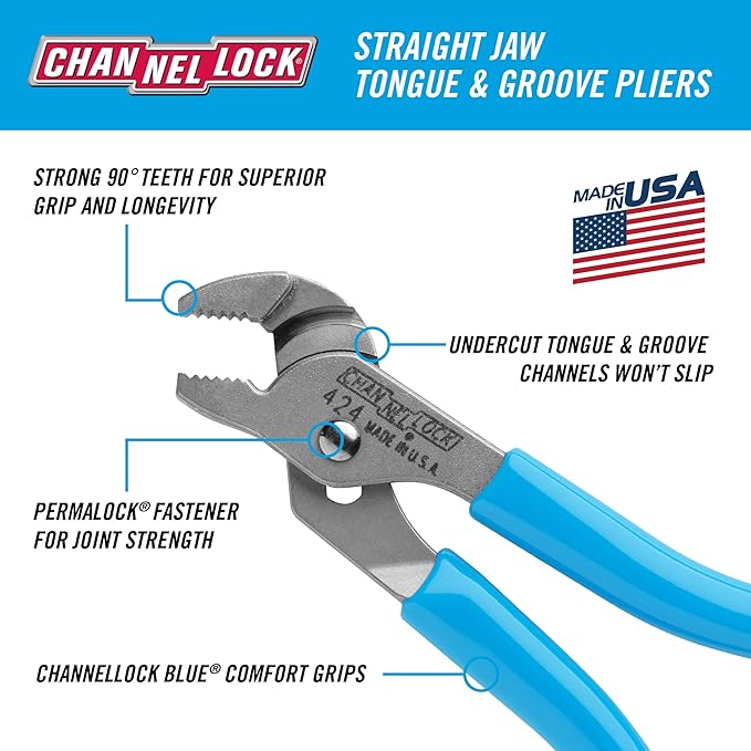 Channellock Slip-Joint Pliers 424 - Straight Jaw Tongue & Groove, Hardened Steel - 4.5 In