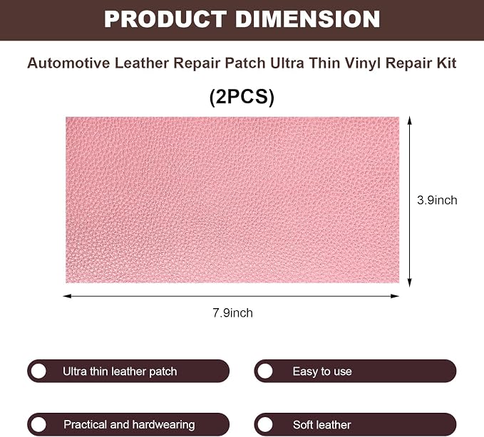 2 PCS Leather Repair Patch Tape, 4 x 8 Inch PU Vinyl Repair Patches for Car Upholstery Seat, Waterproof Self Adhesive Leather Tape Repair Kit for Furniture Couches Chairs (Pink)