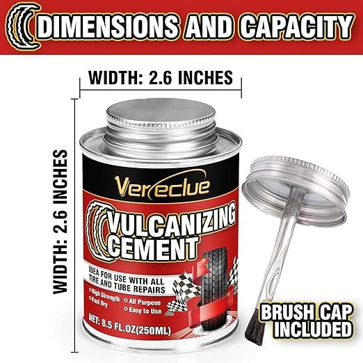 Chemical Vulcanizing Cement, Clear Tire Repair Glue, All Purpose Rubber Cement, Heavy Duty Tire Patch Kit with Brush Top Can for Car, Motorcycle, Bike, 17Oz