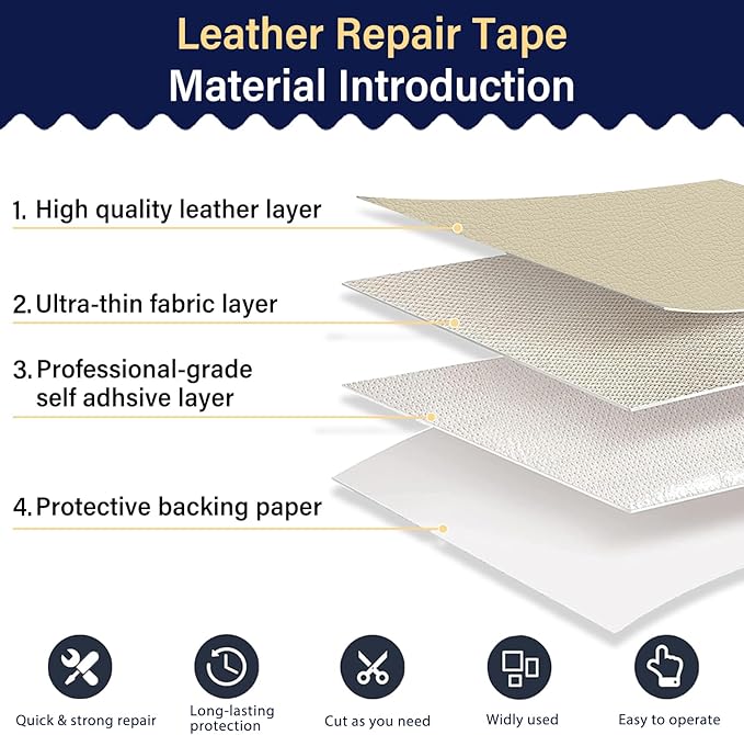 Zenyao Leather Repair Patch Tape - Self Adhesive Leather Repair Kit for Car Seat Furniture, Heavy Duty Vinyl Repair Patch for Couch Sofa, Waterproof Fix for Tears, 12x30 Inch Roll, Off White