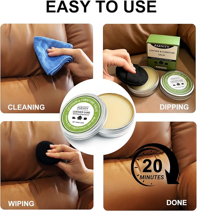 Leather Furniture Repair Salve, Polisher, Restorer & Moisturizer | Leather Cleaner and Conditioner for Car Seats, Hardwood Floors, Couches, & Boots, Prevent Cracking or Fading, with Sponge