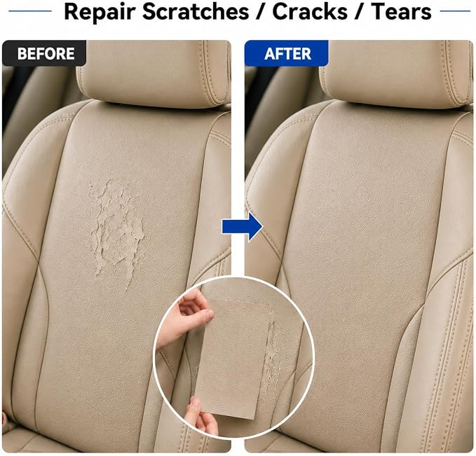 2PCS 8×4 Inch PU Leather Patch for Car Seat Repair, Self-Adhesive Leather Repair Patch Tape for Vinyl Leather Upholstery, Car Seat Furniture Repair Kit (Khaki)