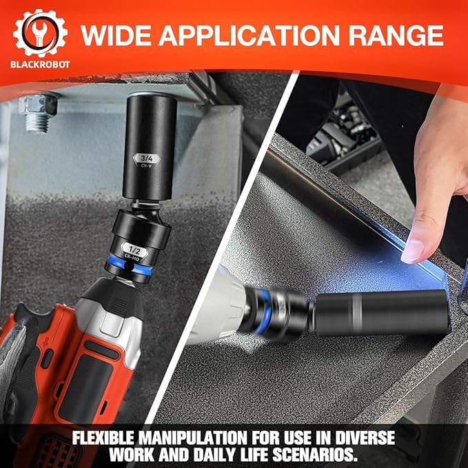 BLACKROBOT 1/2" Drive Impact Universal Joint Set, CR-MO Swivel Socket Adapter for Automotive Repair & Heavy-Duty Home DIY, Flexibly Reach Tight-Angle Fasteners