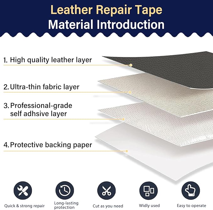 Zenyao Leather Repair Patch Tape - Self Adhesive Leather Repair Kit for Car Seat Furniture, Heavy Duty Vinyl Repair Patch for Couch Sofa, Waterproof Fix for Tears, 16x60 Inch Roll, Dark Grey