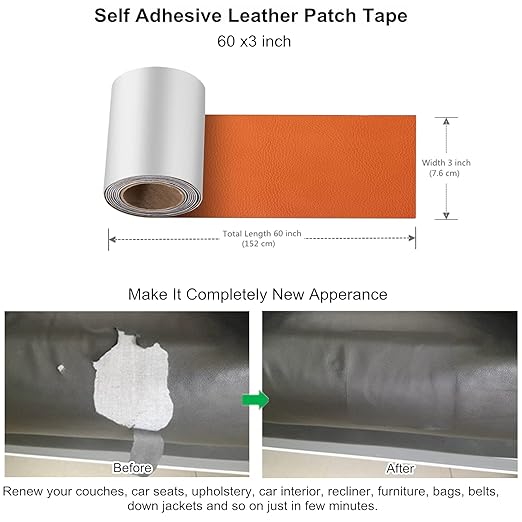 ILOFRI Leather Repair Patch Tape 3x60 inch, Strong Adhesion Backing Self Adhesive Leather Replacement for Couch, Car Seats, Boat Seats, Sofa, Upholstery. Bonded Leather Repair Roll - Orange