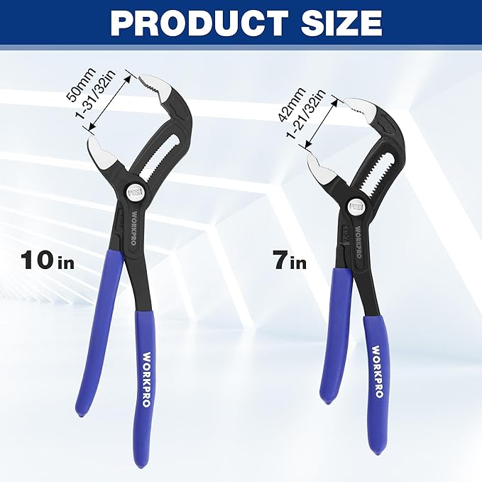 WORKPRO 7" & 10" Water Pump Pliers Set, V-Jaw Quick Adjustable Groove Joint Pliers, CR-V Tongue and Groove Pliers for Home & Industrial Repair, Push-Lock, Soft Grip, Upgraded Wide Opening