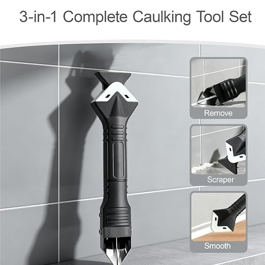3 in 1 Caulking Tool – Silicone Caulk Remover with Scraper & Grout Removal, Sealant Finishing & Smoothing, Adhesive Residue Scraper, Caulk Finishing Kit for Home, Bathroom, Kitchen, Window, Sink