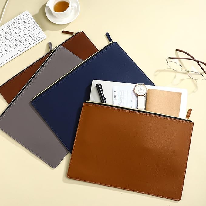 PU Leather A4 File Folder Zipper Document Holder Envelope Folder Case for Receipt Contract (Khaki)