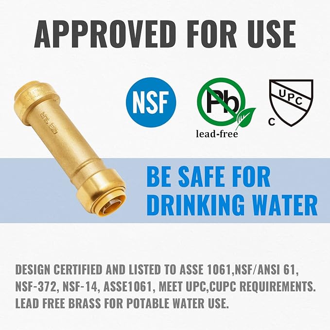 SUNGATOR 3/4 Inch Slip Coupling, Fatest Way for Emergency Repair and Leaks Fix, No Lead Brass Push-to-Connect Plumbing Fittings for PEX Pipe, Copper, CPVC, PE-RT, With 1 Disconnect Clip, Pack of 6