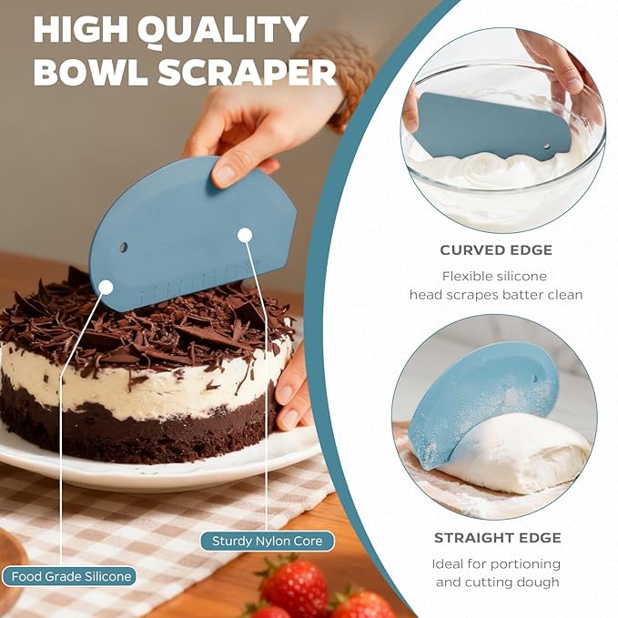Dough Scraper Tool, 2Pcs Silicone Bowl Scraper Curved Edge Flexible Kitchen Pastry Scrapers for Bread, Cake, Batter, Cheese, Cream, Honey, Jam(Blue, Black)