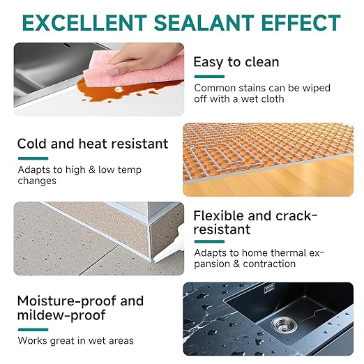 Waterproof Silicone Sealant for Shower, Countertops, White Silicone Caulk for Bathroom & Kitchen, Easy to Use with Tool, Stronger Adhesion, Shrink & Crack Proof (5.29oz Porcelain White)