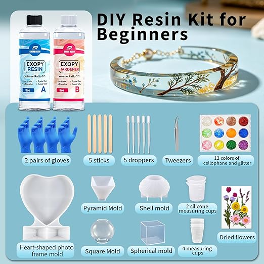 SHORE RESIN Epoxy Resin Kit, Crystal Clear 1:1 Self-Leveling Resin System with High Gloss Finish for Jewelry Making, Casting, Coating & DIY Craft Projects (16oz Kit)