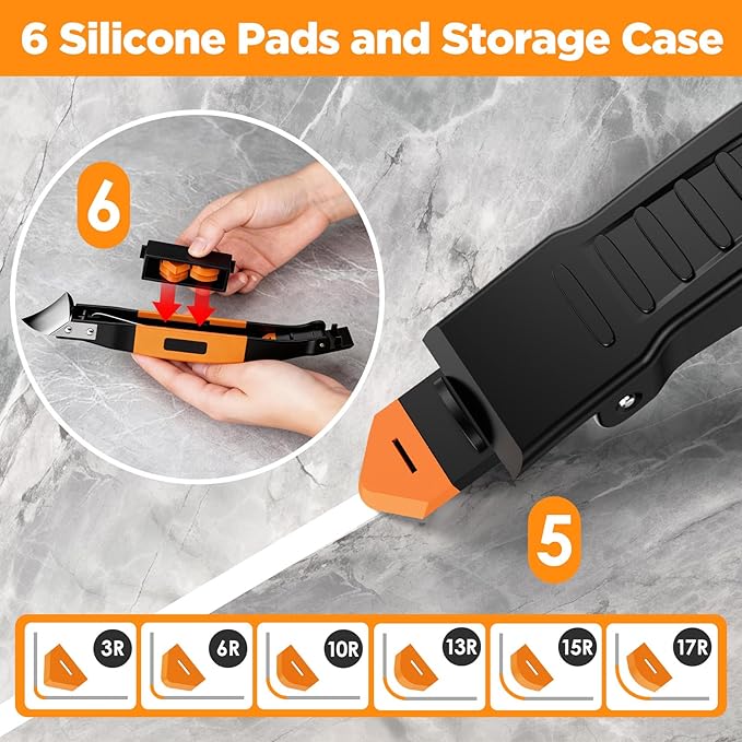 6 in 1 Silicone Caulking Tool Kit with Caulk Grout Remover Tool Sealant Finishing & Smoothing Tool, Grout Scraper, 6 Reusable Pads and Adhesive Residue Scraper for Kitchen Bathroom Tile Sink (Orange)