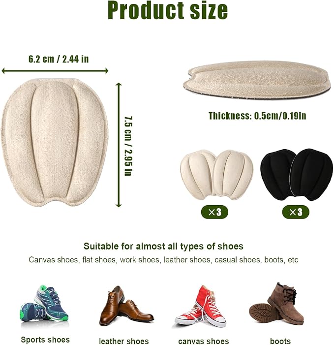 6 Pairs Forefoot Cushion Pads, Soft Shoe Tongue Pads Invisible Shoe Insert Self-Adhesive Felt Tongue Pads Non-Slip Shoe Back Sticker Shoe Filler for Women Men Loose Canvas Leather Shoe