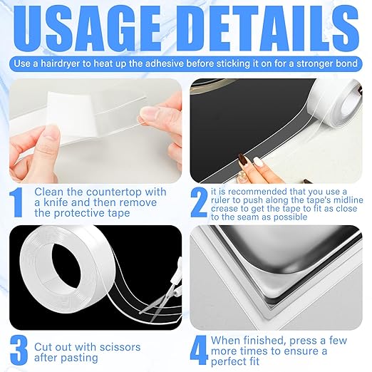 Frienda Clear Caulk Tape 10.5' x 1.5'' Waterproof Self Adhesive Caulk Strip Bathtub Sealant Tape Sealing Strip Oil Proof Bathroom Sealant for Kitchen Floor Wall Edge Protector(PVC)