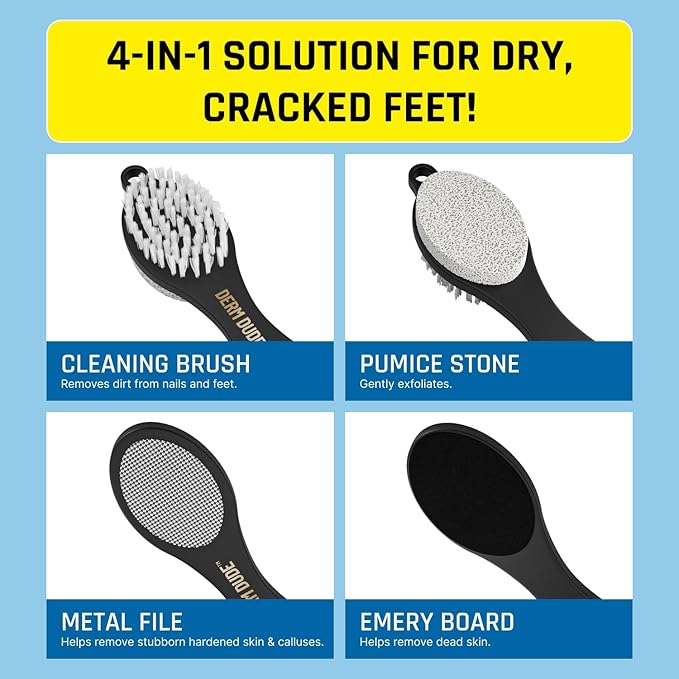 Derm Dude 4-in-1 Foot Scrubber & Heel Repair Tool | Foot File Callus Remover for Feet | Pedicure Tool with Metal File, Pumice Stone, Emery Board & Cleaning Brush to Soften & Smooth Rough, Dry Feet