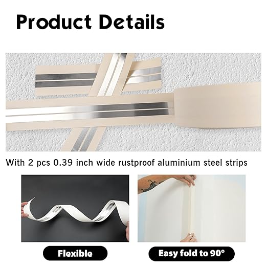 ROLLINGDOG Reinforced Drywall Corner Tape, 2" x 98.4' Drywall Tape No Adhesive Side, Inside Outside Corner Bead with Metal for Wall Crack Repair