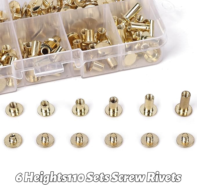 110 Sets Chicago Screws Leather Rivets Kit, 6 Sizes (M5*4/5/6/8/10/12mm) Leather Binding Screws with Rubber Hammer for Leather Craft, Belt, DIY Repair & Bookbinding (Gold)