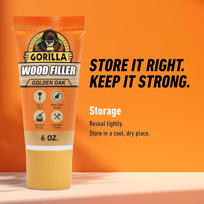 Gorilla All Purpose Wood Filler, Golden Oak Color, 6 Ounce Tube (Pack of 1) - Water Resistant for Indoor or Outdoor Projects and Repairs