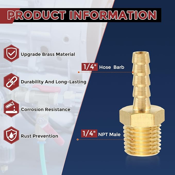 Pack of 4 Brass Hose Barb Fittings 1/4" Hose Barb to 1/4" NPT Male Fittings