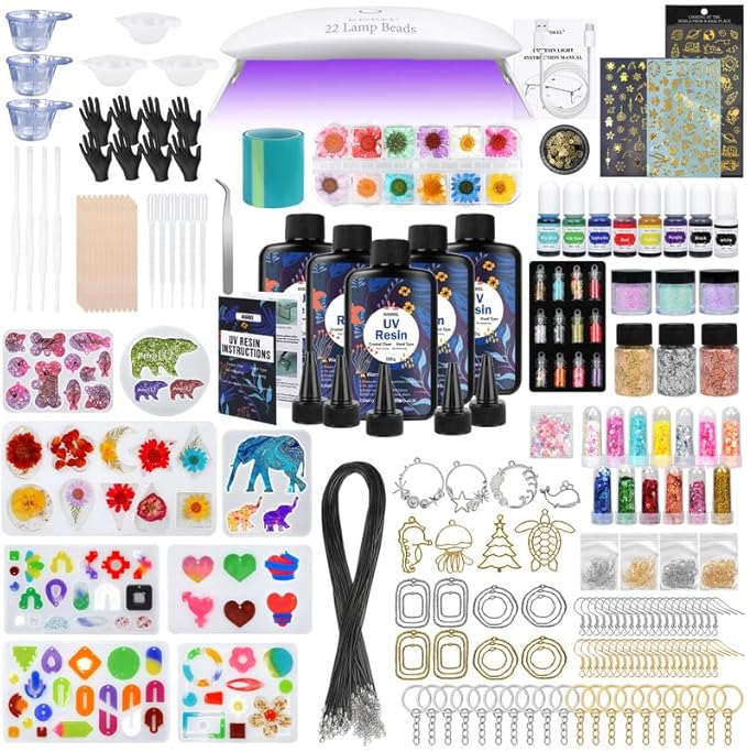KISREL UV Resin Jewelry Making Kit - 500g Crystal Clear UV Resin, Large Light with 22 Beads and Jewelry Molds, Fast Curing for Keychains, Earring Making, DIY Craft Decorations