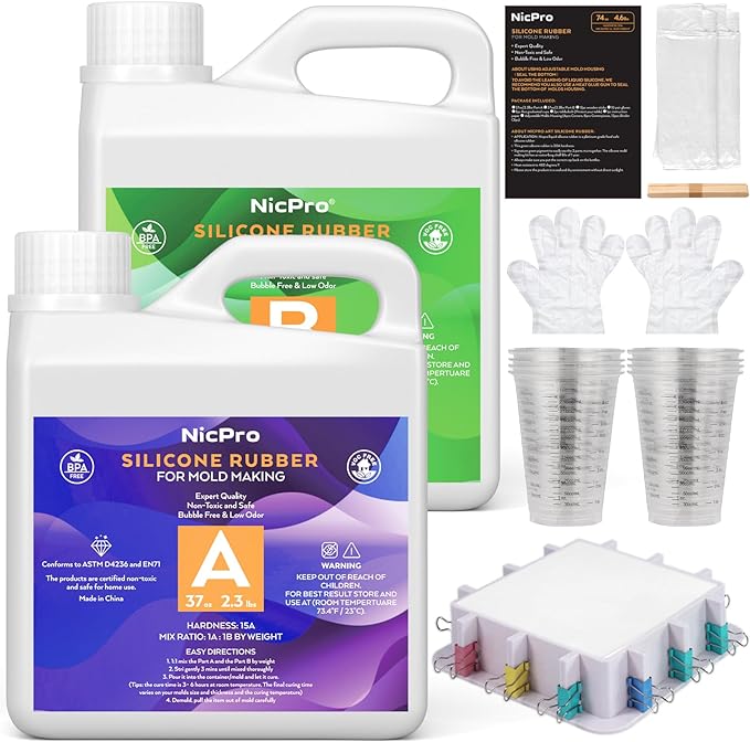 74oz Platinum Silicone Mold Making Kit with Molds Housing & Mixing Cups, 1:1 Ratio, 15A Medium Hardness, Non-Toxic Liquid Silicone Rubber for Resin, Jewelry, Craft Molds