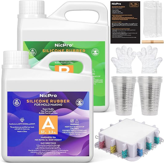 74oz Platinum Silicone Mold Making Kit with Molds Housing & Mixing Cups, 1:1 Ratio, 15A Medium Hardness, Non-Toxic Liquid Silicone Rubber for Resin, Jewelry, Craft Molds