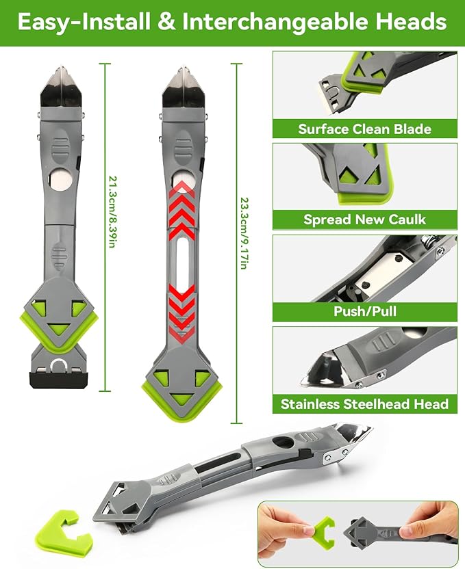 7 in 1 Caulking Tool, Caulk Remover Tool Kit with 5 Pcs Replaceable Silicone Pads, Grout Removal, Scraper for Bathroom, Kitchen and Window Sealant Trimming (7)
