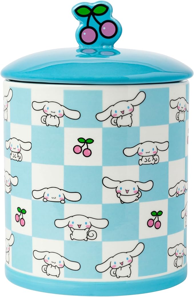 Silver Buffalo Sanrio Hello Kitty and Friends Cinnamoroll Cherries Blue Checkered Ceramic Cookie Snack Jar (Large)