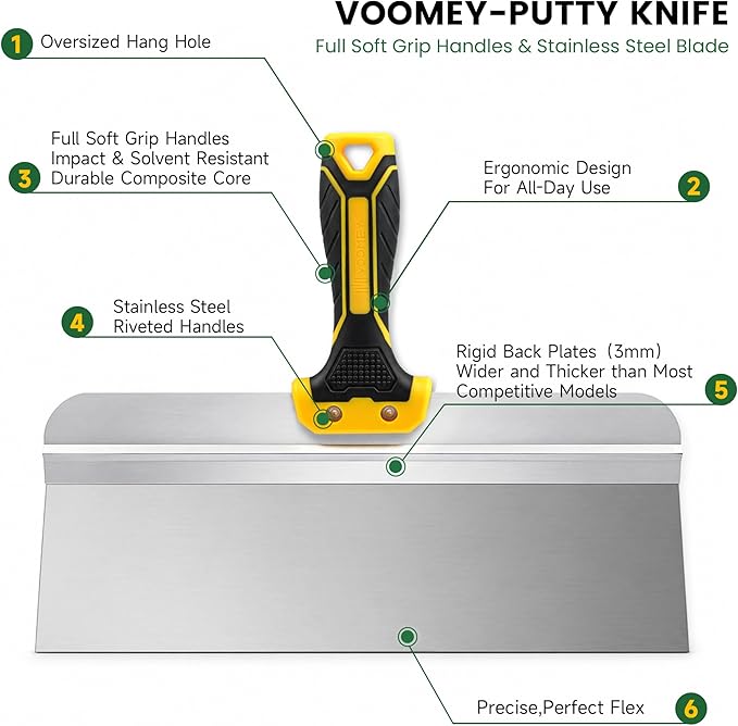 VOOMEY 12in Drywall Taping Knife,Stainless Steel Paint Scraper,Drywall Skimming Blade,Plastering Spatula Tools,Ergonomic Handle for Joint Taping Skimming and Smoothing Walls and Ceilings