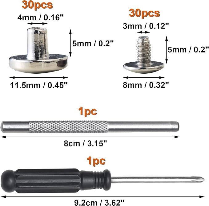 YORANYO 30Sets Chicago Screws Leather Rivets Screw Rivets Metal Studs for Clothing Chicago Binding Screws Spike and Studs for Decorate Repair Shoes Belts Bags Purse Dog Collars Leather Craft (Silver)