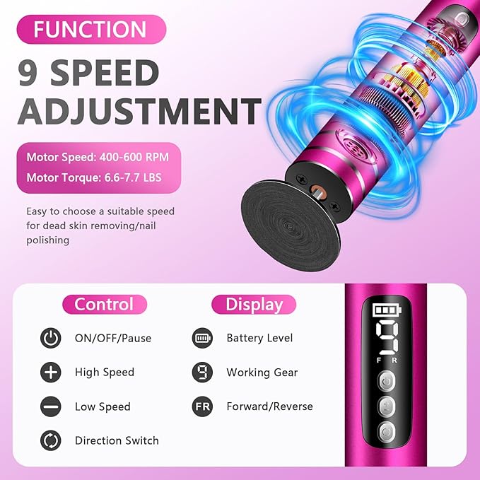 EAONE Portable Electric Foot File-Callus Remover for Feet, Professional 2 in 1 Foot/Nail Filer -Digital Display for Battery Level & 9 Speed Control-Rechargeable Pedicure Tool for Dead Skin (Silver)