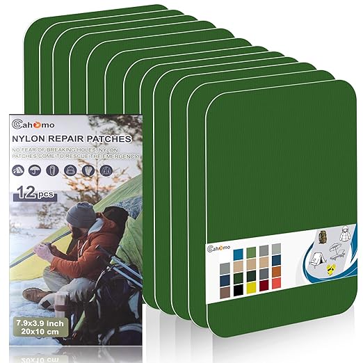 Cahomo 7.9x3.9 inch 12 PCS Nylon Repair Patch Nylon Repair Tape Self Adhesive Fabric Tapes Outdoor Camping Gear Fabric kit for Tent, Umbrella, Down Jackets, Sleeping Bag, Knapsack（Grass Green）