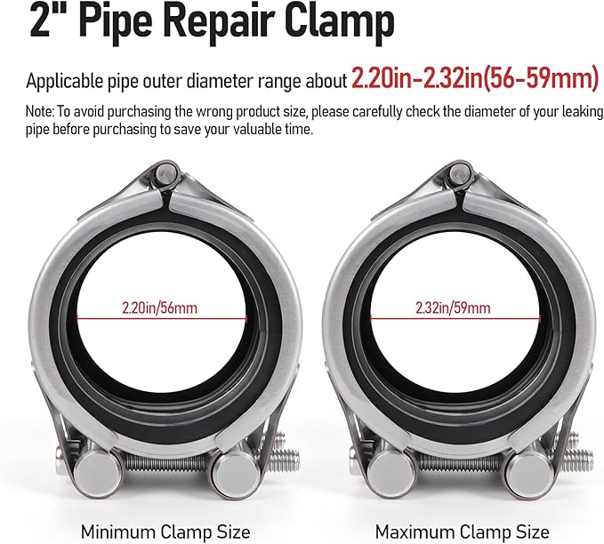 Upgraded Pipe Repair Clamp with M1 Self-Adhesive Leak-Sealing Tape | 304 Stainless Steel Rust-Proof Emergency Pipe Repair Kit for Plastic & Metal Pipes, 2" (56-59mm)