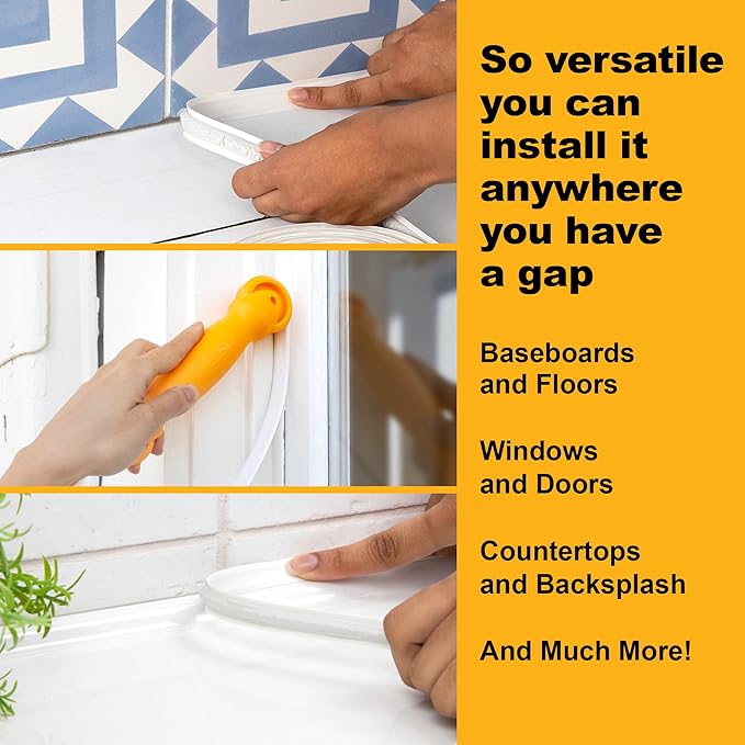 InstaTrim New & Improved Self-Adhesive Caulk Trim, 1/2" x 10', 2-Pack, Flexible, Water Resistant, Stain Resistant for Bathroom, Floors, Walls, DIY Project, White