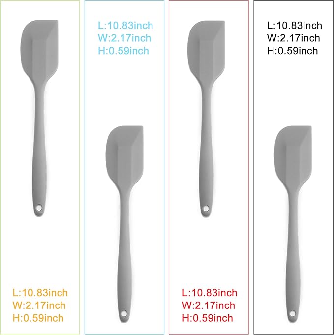 4‑Piece Silicone Spatulas Set Heat Resistant 600°F Seamless Steel‑Core Rubber Spatulas for Nonstick Cookware ALLWIN HOUSEWARE Uniform Length Kitchen Spatulas for Cooking & Baking, Grey