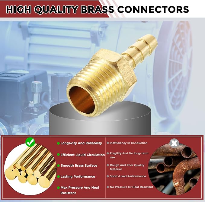 Pack of 8 Brass Hose Barbs Fittings 5/16" Hose Barbs to 3/8" NPT Male Fittings for Home Machines, Massage Bathtubs, and Irrigation Systems