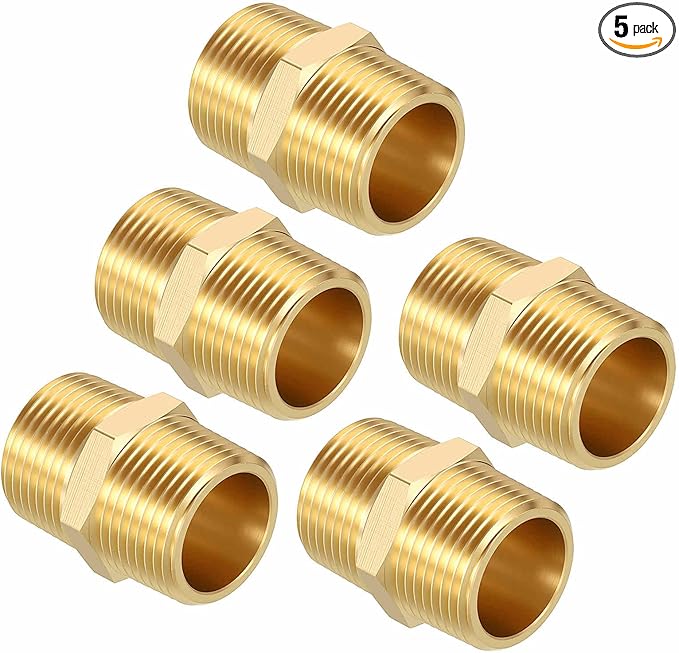 Pack of 5, 3/4" MNPT To 3/4" MNPT Solid Brass Hex Nipple Hose Connectors W/Sealing Tapes, Male Pipe Adapter for Pipe Leak Repair, Bathroom Remodeling, Tool Extension, Compression