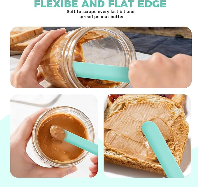 Silicone Jar Spatula Set of 4, Long Handle Skinny Spatula and Spurtle for Sourdough Starter, Flexible Jar Scraper for Peanut Butter, Jam, Icing, Cream with No Batter Left Behind (4, Green)