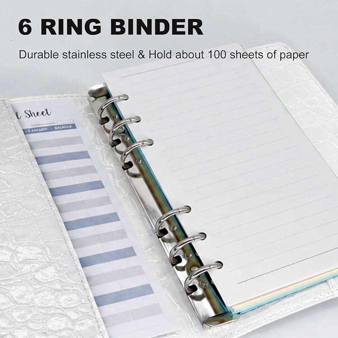 Convend A6/A5 Refillable 6 Ring Faux Leather Budget Binder,Mini Notebook Binder Cover for A5 Filler Paper,Loose Leaf Personal Planner Cover with Magnetic Buckle Closure(Crocodile-White)