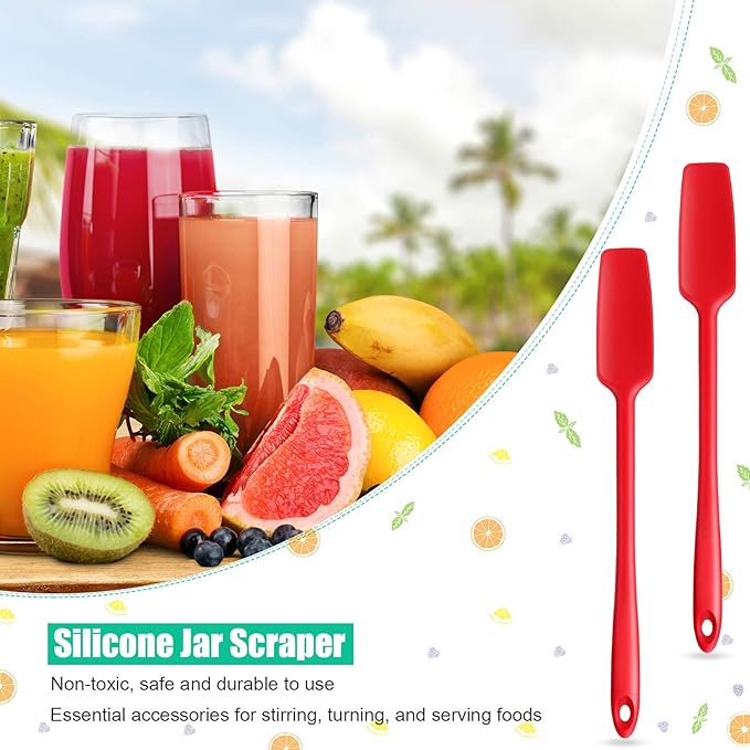 Patelai 2 Pieces Silicone Jar Spatula with Long Handle Heat Resistant Kitchen Scraper Spatula Non Stick Rubber Silicone Scraper for Jam Smoothies Blenders Cooking Baking Stirring (Red)