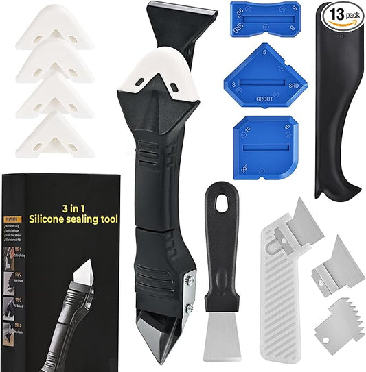 Caulking Tool 3 in 1 Silicone Caulking Grout Removal Sealant Finishing Tool Glass Glue Angle Scraper with Grout Scraper for Kitchen Bathroom Floor, Wall Surface,Window,Sink Joint,Frames Seal