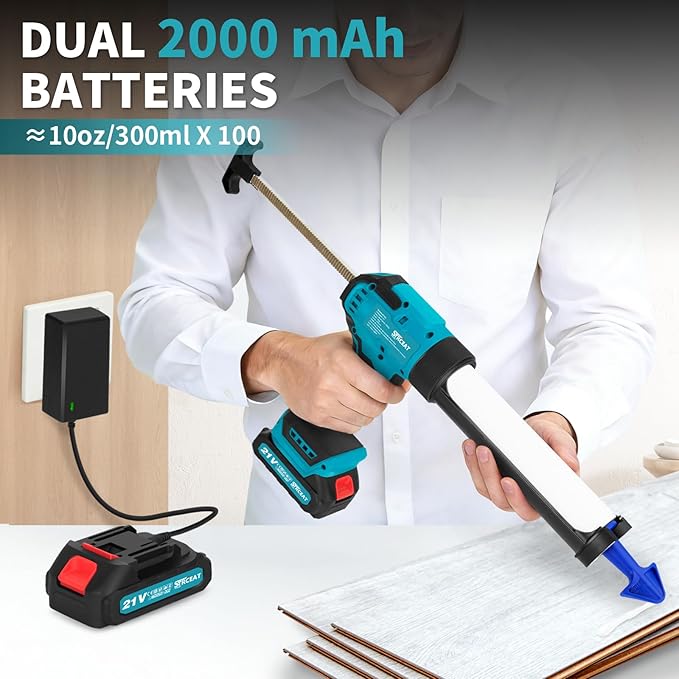 Cordless Caulking Gun, 21V Battery Powered Caulk Gun, Electric Caulking Gun w/2 x 2.0Ah Batteries, 9Pcs Caulk Remover Tool, LED Light, Auto Retract for Filling, Sealing