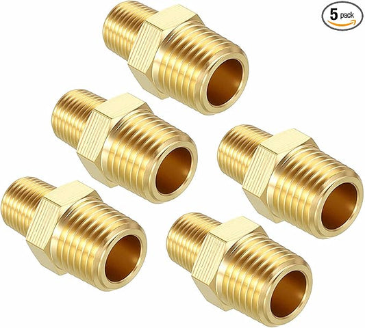 Pack of 5, 1/4" MNPT To 1/8" MNPT Solid Brass Hex Nipple Hose Connectors W/Sealing Tapes, Male Pipe Adapter for Pipe Leak Repair, Bathroom Remodeling, Tool Extension, Compression