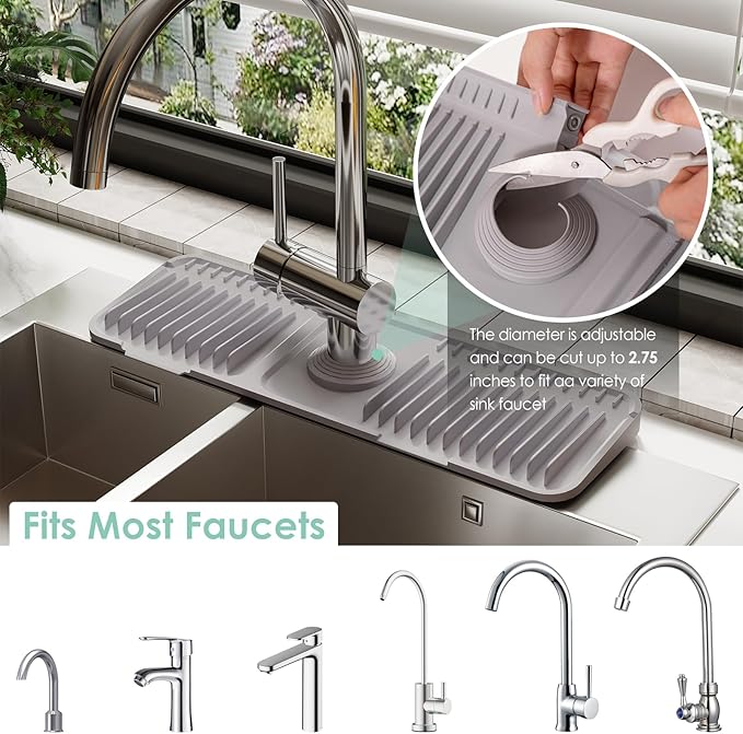 24 Inch Silicone Faucet Mat for Kitchen Sink Splash Guard - 7° Slope Water Draining Mat With Fasten Button for Bathroom Area (Gray, 17.7''x5.5'')