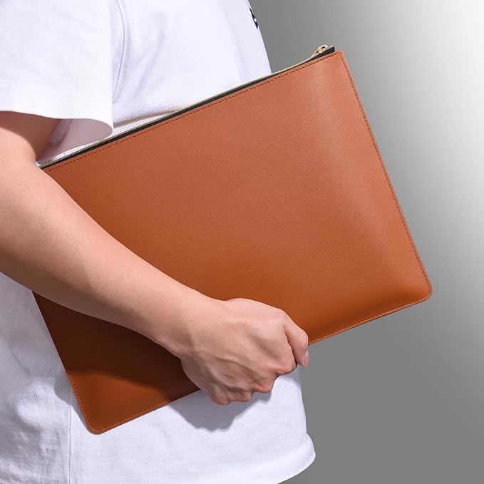 PU Leather A4 File Folder Zipper Document Holder Envelope Folder Case for Receipt Contract (1, Brown)