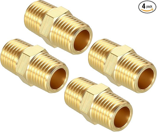 Pack of 4, 1/4" MNPT to 1/4" MNPT Solid Brass Hex Nipple Hose Connectors, Male Pipe Adapter for Pipe Leak Repair, Bathroom Remodeling, Tool Extensions, Compression